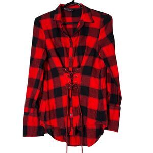 Express Red Black Buffalo Plaid Corset Style Flannel Top Womens XS Grunge Goth
